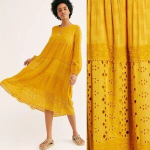 Free People Gemma Midi Dress Floral Embroidered Eyelet Boho Mustard Yellow